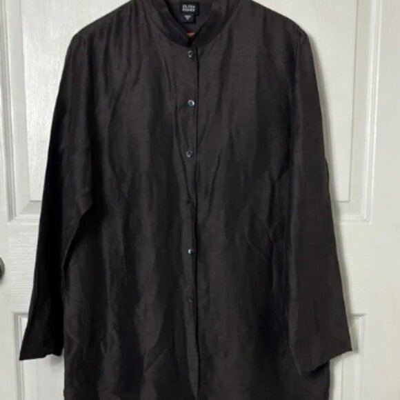 Eileen Fisher Brown Linen Silk Blend Tunic Size Medium Mother of Pearl buttons - Picture 1 of 10